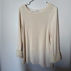 J. Jill Cream Long Sleeve Top with Faux Fur Cuffs Women’s Medium Quiet Luxury
